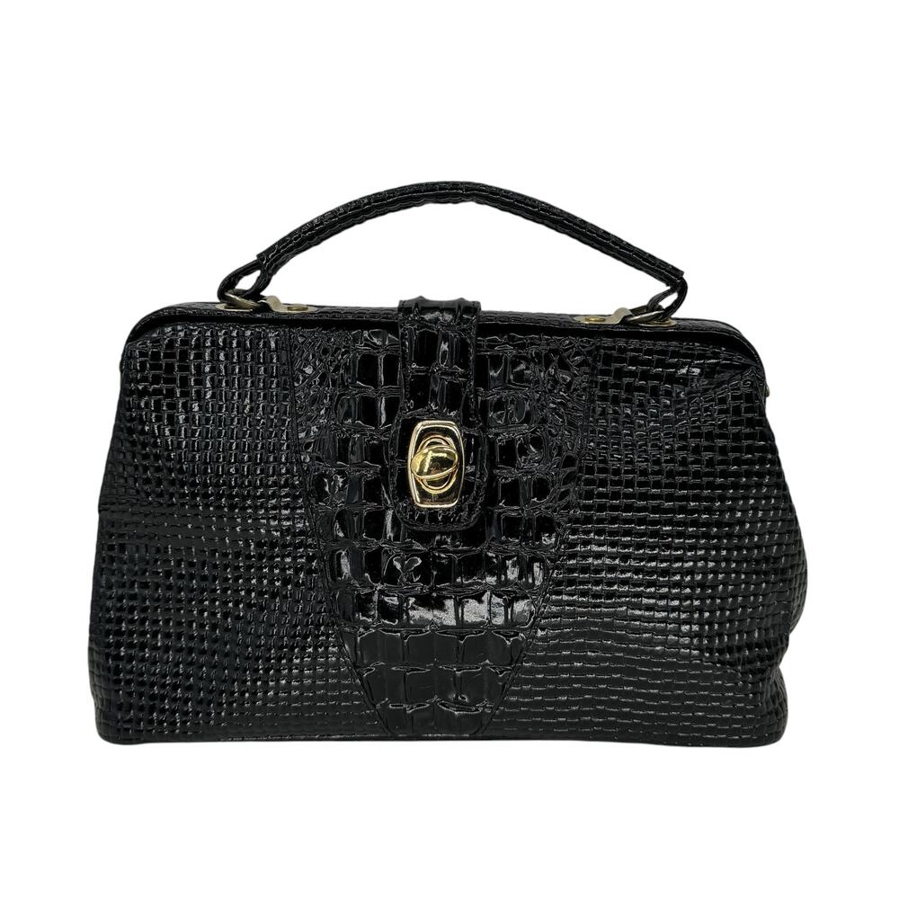 BPC Design VTG Leather Croco Doctor Bag Handbag Women Black Kiss Lock Elegant